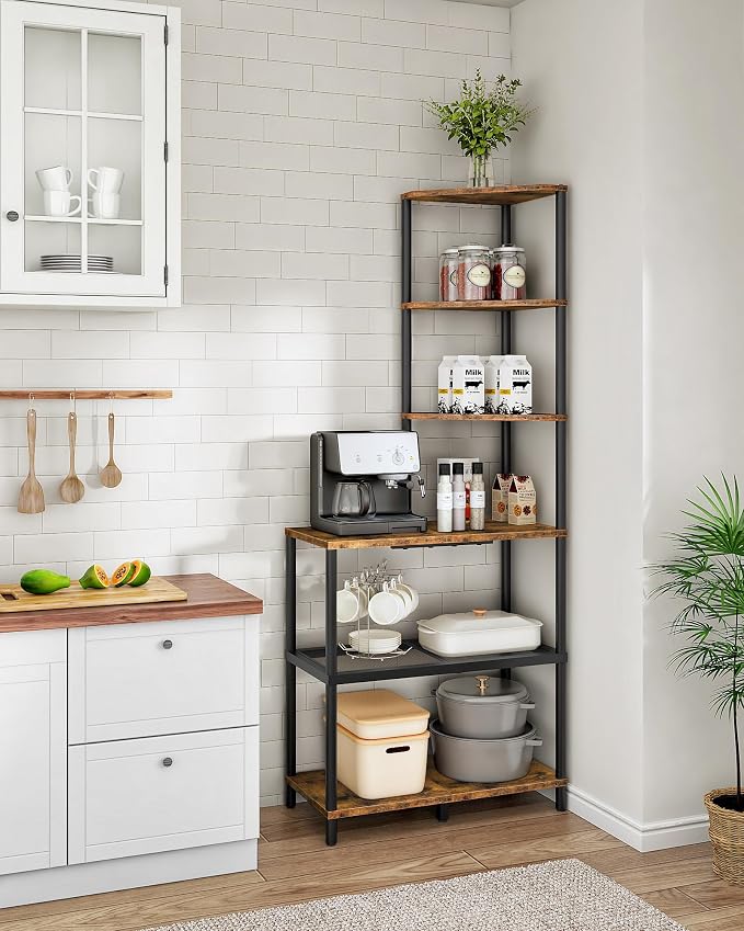 CHOEZON 6-Tier Corner Shelf, Industrial Corner Bookshelf with Desk Top, Diamond-Shaped Storage Shelves, Display Stand for Small Spaces, Living Room, Home Office, Foyer, Rustic Brown and Black TCJ70BF