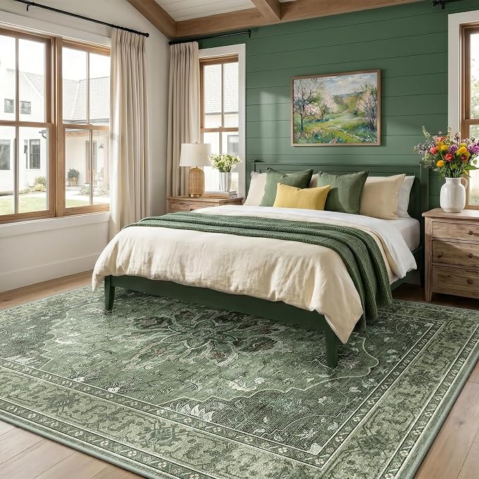 RELEANY Area Rugs Large 9'x12' Washable Non-Slip, Floral Vintage Distress Medallion Carpet for Living Room Bedroom Dining Room, Dark Green Gray