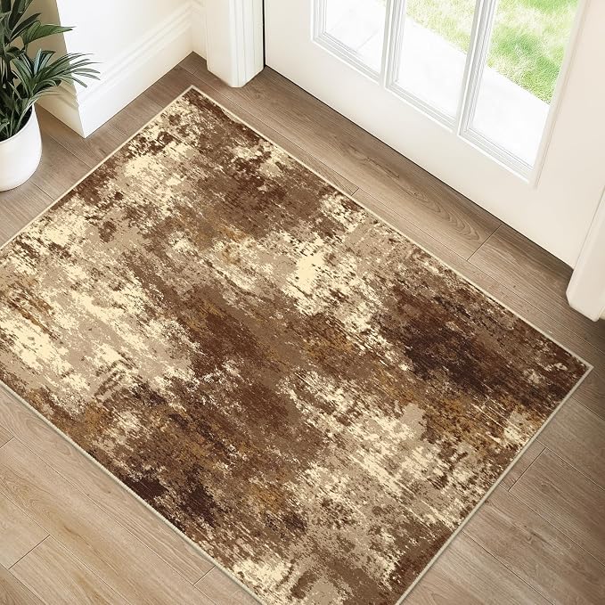 RELEANY Washable Area Rugs 2'x3' Non-Slip Modern Abstract Soft for Living Room Entryway Bedroom Kitchen, Print Pattern, Brown Tan Beige Coffee