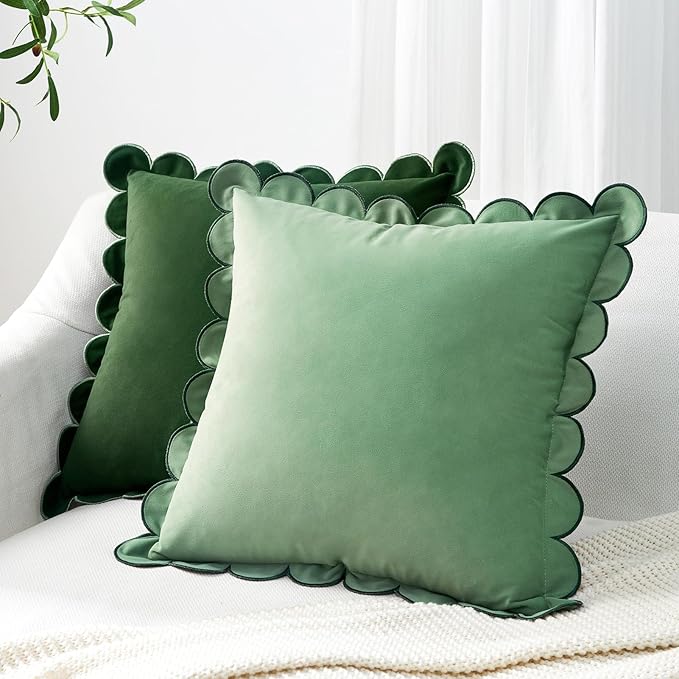 MONDAY MOOSE Decorative Throw Pillow Covers Cushion Cases, Set of 2 Soft Velvet Scalloped Round Edge Designs, Mix and Match for Home Decor, Pillow Inserts Not Included (16x16 inch, Green/Light Green)