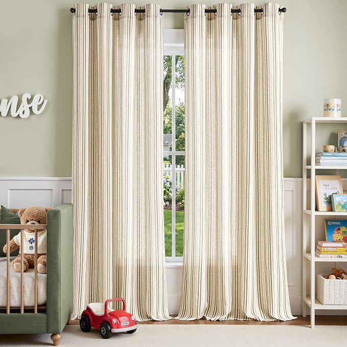 jinchan Linen Curtains 96 inch Green Stripe for Kids Room Grommet 2 Panels | Kids Curtains for Nursery Living Room Bedroom Baby Boys Room,Cute Colorful Ticking Stripe,Cottagecore Rustic,Light Filtering