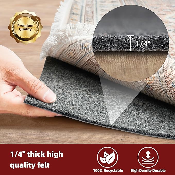 BAGAIL Felt and Natural Rubber Backing Rug Pads 1/4” Thick, 10 x 14 Ft Non Slip Carpet Gripper Keep Rugs in Place, Under Area Rug Protective Cushioned Pads, Carpet Runners, Hardwood Floors Protection