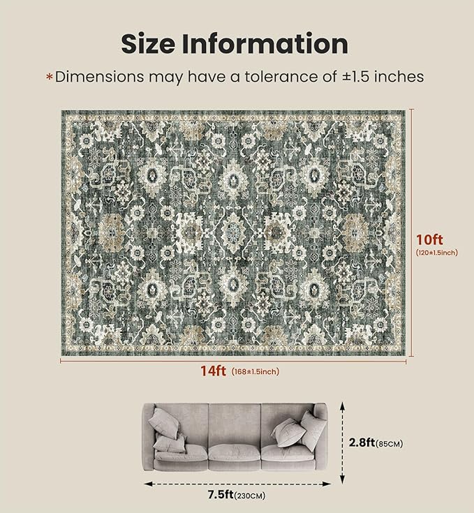 AMADA HOMEFURNISHING 10x14 Washable Area Rug, Low-Profile Large Area Rug with Non-Slip Backing & Durable Edge Binding, Vintage Large Rugs for Living Room, Bedroom & Dining Room