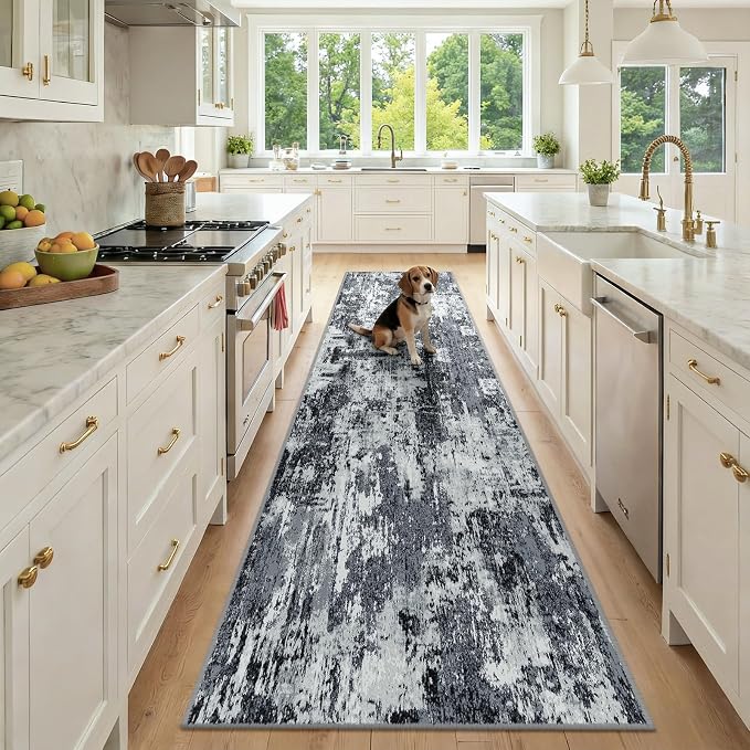 RELEANY Washable Area Rugs 2'6"x10 Non-Slip Modern Abstract Soft for Living Room Entryway Bedroom Kitchen, Print Pattern, Black Navy Blue Gray