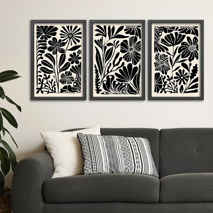 TQianJiang Flower Plant Sign Wall Decor 24"x16" Set of 3 Black And White Botanical Painting Wood Framed for Bedroom Abstract Wildflower Hanging Art (Black)