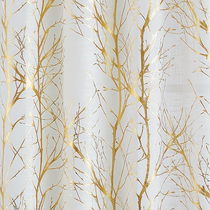 FMFUNCTEX Linen Semi Sheer Curtains, Gold Foil Metallic Print White Tree Panel for Bedroom & Living Room, Light Filtering 63 Inch Grommet Top 2 Panels