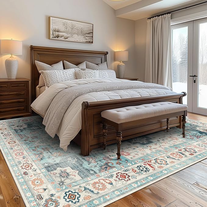 GENIMO 8x10 Area Rugs for Living Room, Machine Washable Non Slip Rugs, Low Pile Lightweight Vintage Print Rug for Bedroom, Dining Room, Home Office, Turquoise & White