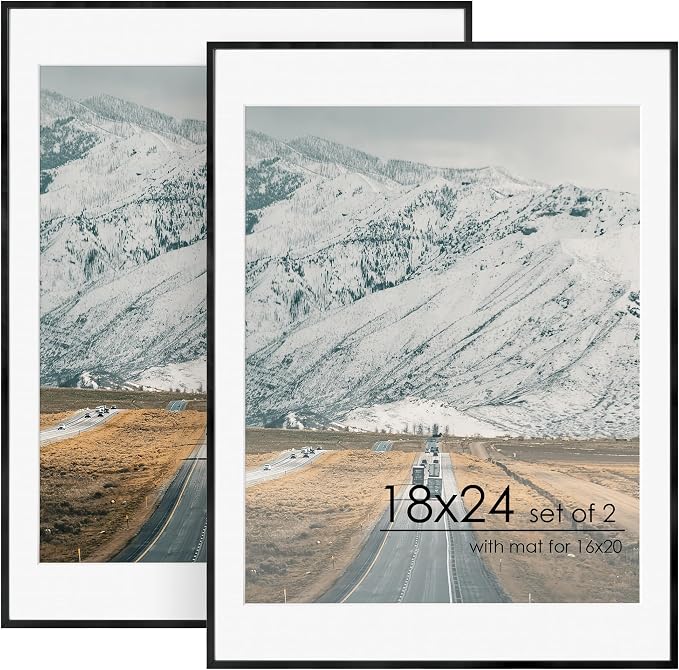 FLYJOE 18x24 Metal Picture Frame For Wall With Mat For 16x20, 18''x24'' Aluminum Photo Frames With Tempered Glass, Minimalist Modern Poster Frame Horizontally Vertically Set of 2, Black