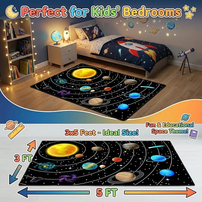 Outer Space Rug for Boys Room,3'×5' Space Rug for Kids Bedroom with Solar System Theme,Educational Planet Carpet for Playroom and Classroom Decor