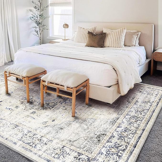 CHAMPLANT Washable Area Rug 8'x10' Floral Blue Boho Design Non-Shedding Non-Slip Easy Care Ideal for High Traffic Areas in Living Room Bedroom Office Coffee Table Kitchen Large Carpet