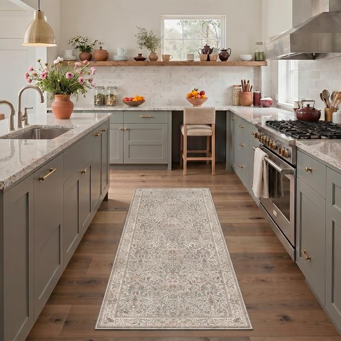 GENIMO 8x10 Washable Area Rugs for Living Room, Non Slip, Brown | Vintage Boho Floral Low Pile Thin Carpet for Bedroom, Dining Room, Nursery, Indoor Decor