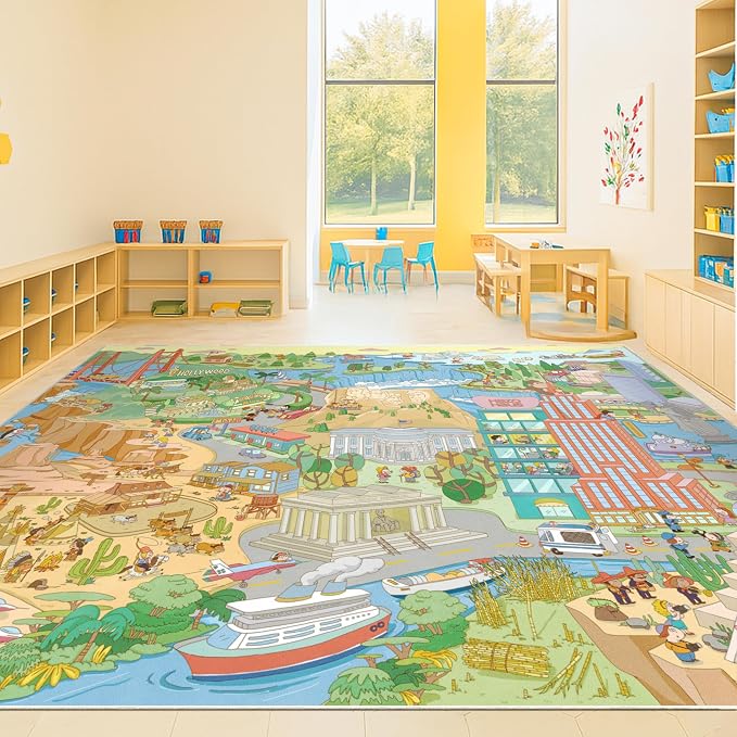 Large Kids Area Rug 6x9 – Interactive North America Map Carpet with States, Animals & Famous Landmarks – Soft Non-Slip Learning Area Rug for Kindergarten, School, or Bedroom Décor