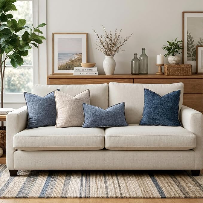 MIULEE Pack of 2 Couch Throw Pillow Covers 16x16 Inch Dark Grey Blue Farmhouse Decorative Pillow Covers with Stitched Edge Soft Chenille Solid Dyed Pillow Covers for Sofa Bed Living Room