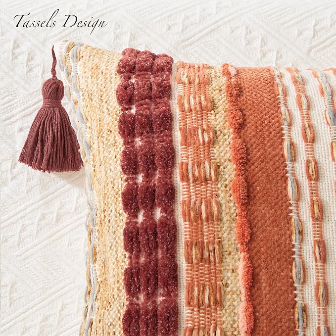 Kevin Textile 12x20 Inch Lumbar Throw Pillow Cover 1 Pack Fall Boho Decorative Soft Chenille Thread Woven Tufted Textured Rectangle Cushion Case for Living Room Couch Sofa Bed, Burnt Orange