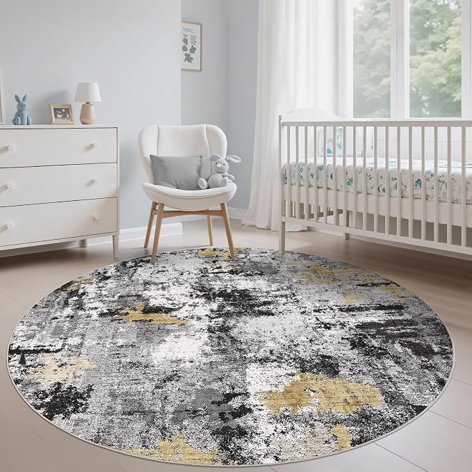 Abstract 9FT Round Rug: Machine Washable Non Slip Ultra Thin Low-Pile Carpet, Soft Stain Resistant for Living Dining Room Bedroom, Kid Pet Friendly, Robot Vacuum Compatible - Black Gold