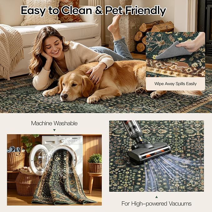 Lofus 6x9 Washable Green Area Rug for Living Room Bedroom Non-Slip Low Pile | Soft Boho Vintage Area Rugs for Bedroom Dinning Room Home Office Indoor