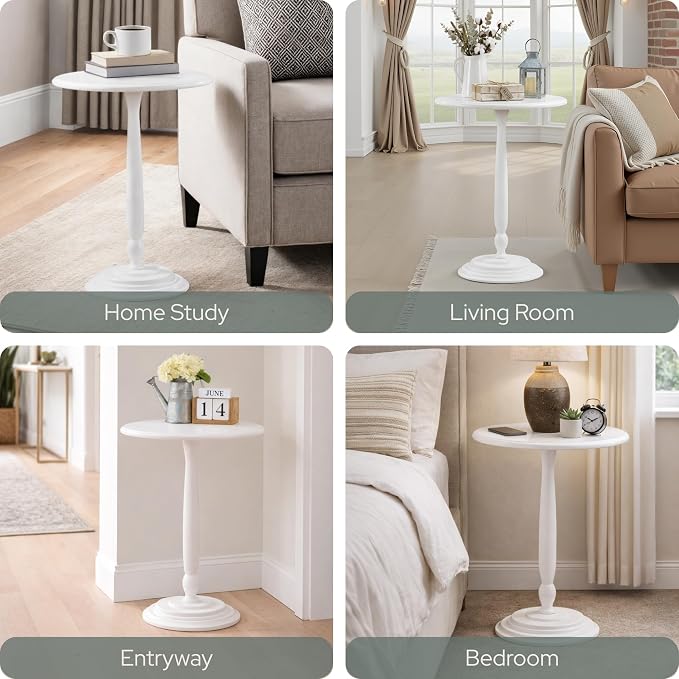 Convenience Concepts Classic Accents Amelia Spindle Table 18" - Traditional Solid Wood Round Side Accent, Display Pedestal for Transitional Living Room, Entryway, Hallway, or Bedroom, White