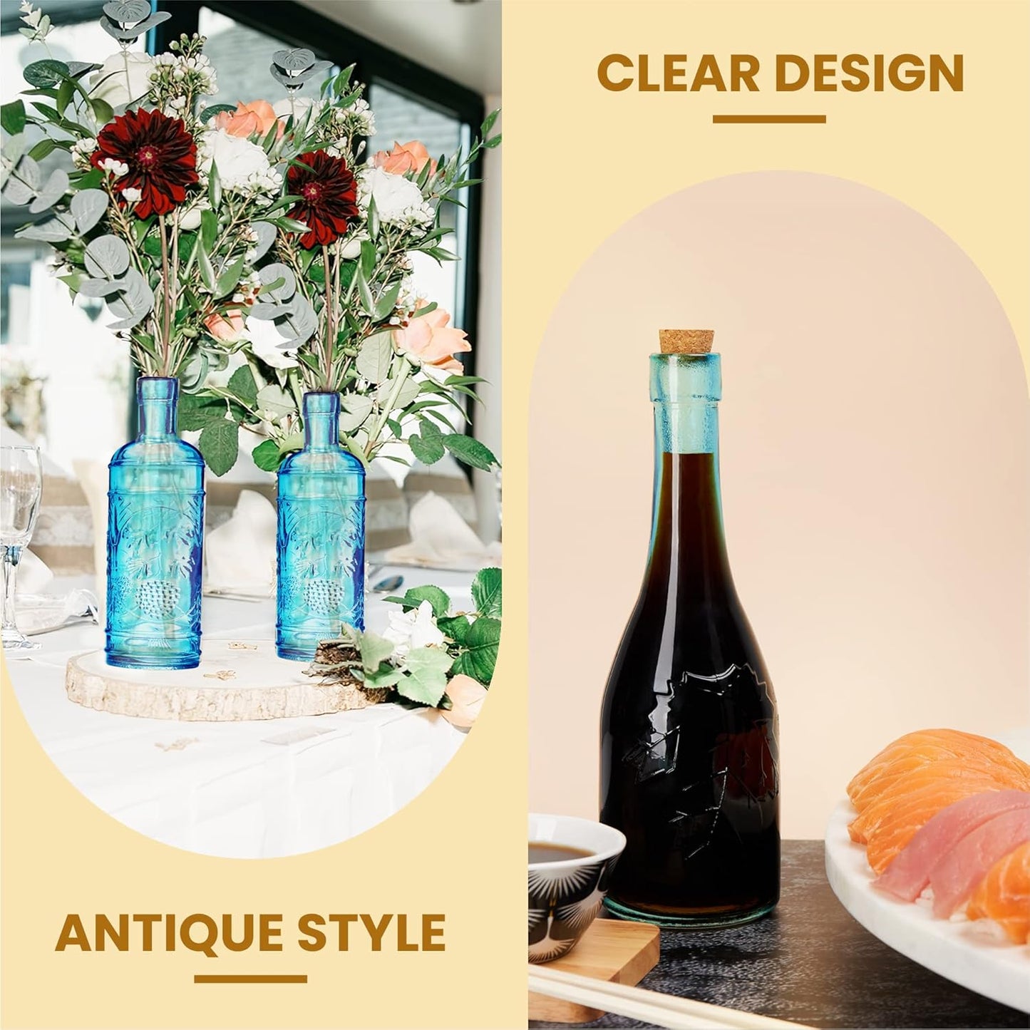 Assorted Blue Glass Bottles with Corks, 6 Pack, 2.5in X 9in, 16oz