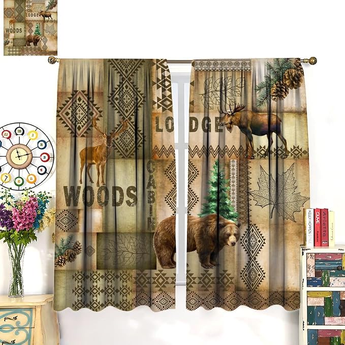 Country Bear Deer Blackout Curtains for Kitchen Vintage Farmhouse Plaid Hunting Forest Lodge Wildlife Bear Elk Pinecone Lake Window Treatments for Farmhouse Bedroom Living Room 42x63in
