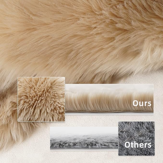 SERISSA Ultra Soft Fluffy Rug Beige Faux Sheepskin Fur Area Rug Shaggy Couch Cover Seat Cushion Furry Carpet Beside Rugs for Bedroom Floor Sofa Living Room Runner 2x6 Feet Beige