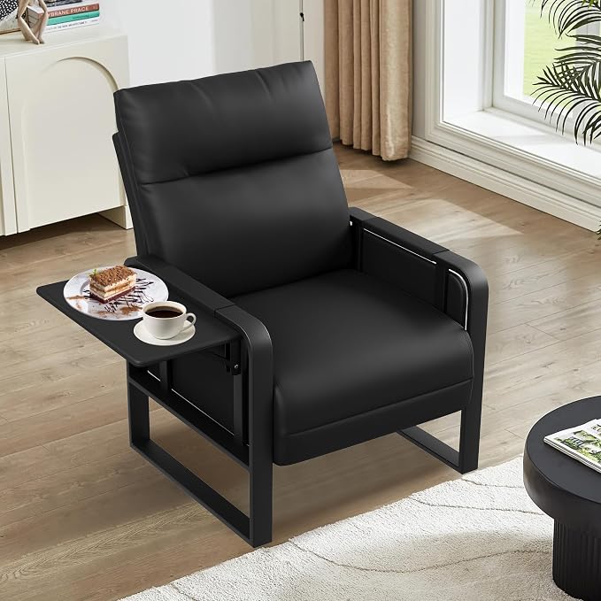 Black PU Leather Accent Chairs Set of 2 with Foldable Side Table | Modern Upholstered Armchair Leisure Side Chairs for Living Room Bedroom Comfy Reading Chair Office Club Chair with Metal Legs