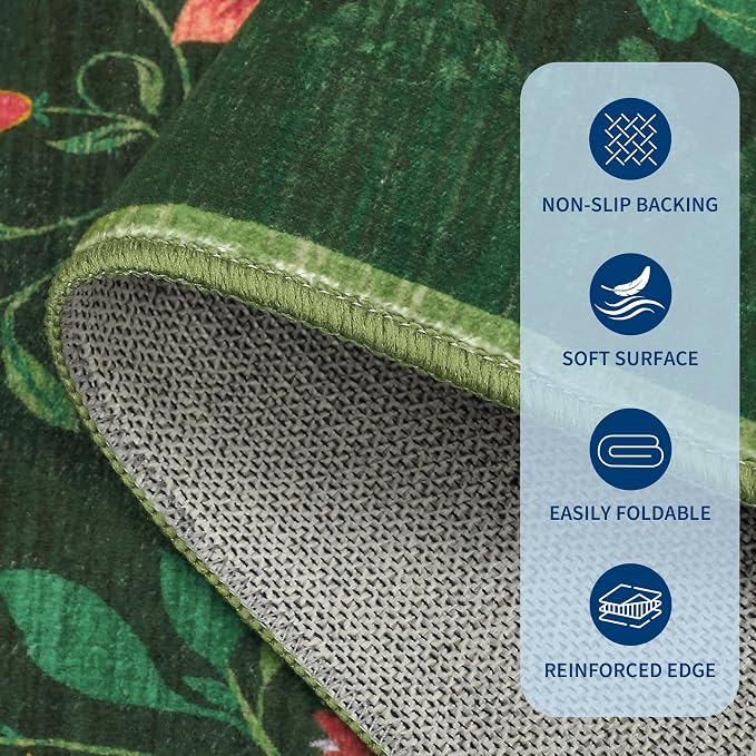 Washable Rug 9x12 Area Rugs for Living Room, Protea Floral Rug for Bedroom, Soft Vintage Non Slip Throw Rugs with Rubber Back, Low Pile Stain Resistant Boho Floral Carpet for Dining Room, Forest Green
