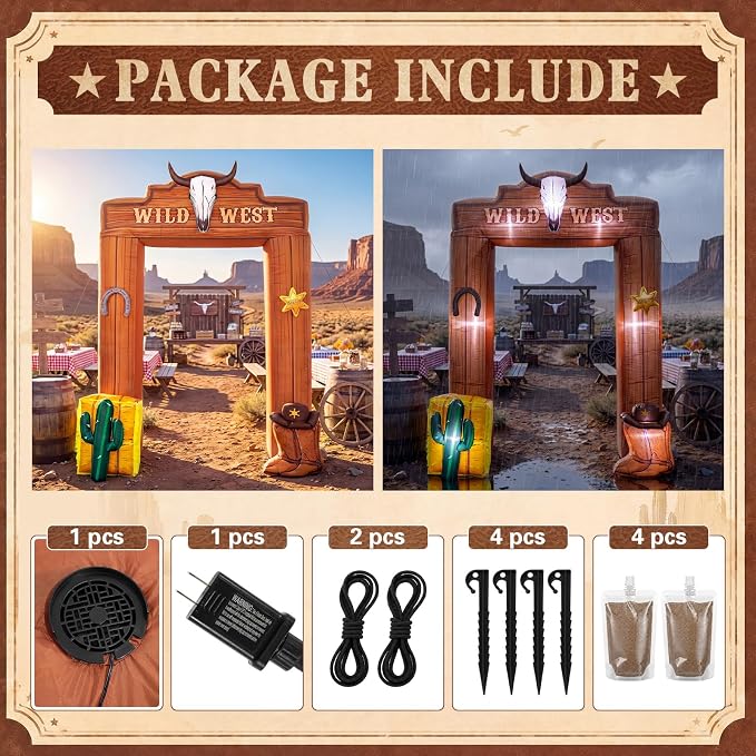 Seenelling 9 ft Western Cowboy Giant Inflatable Archway Decoration Brown Wild West Theme Arch Built-in LED Lights for Birthday Western Event Festival Entrance Outdoor Supplies