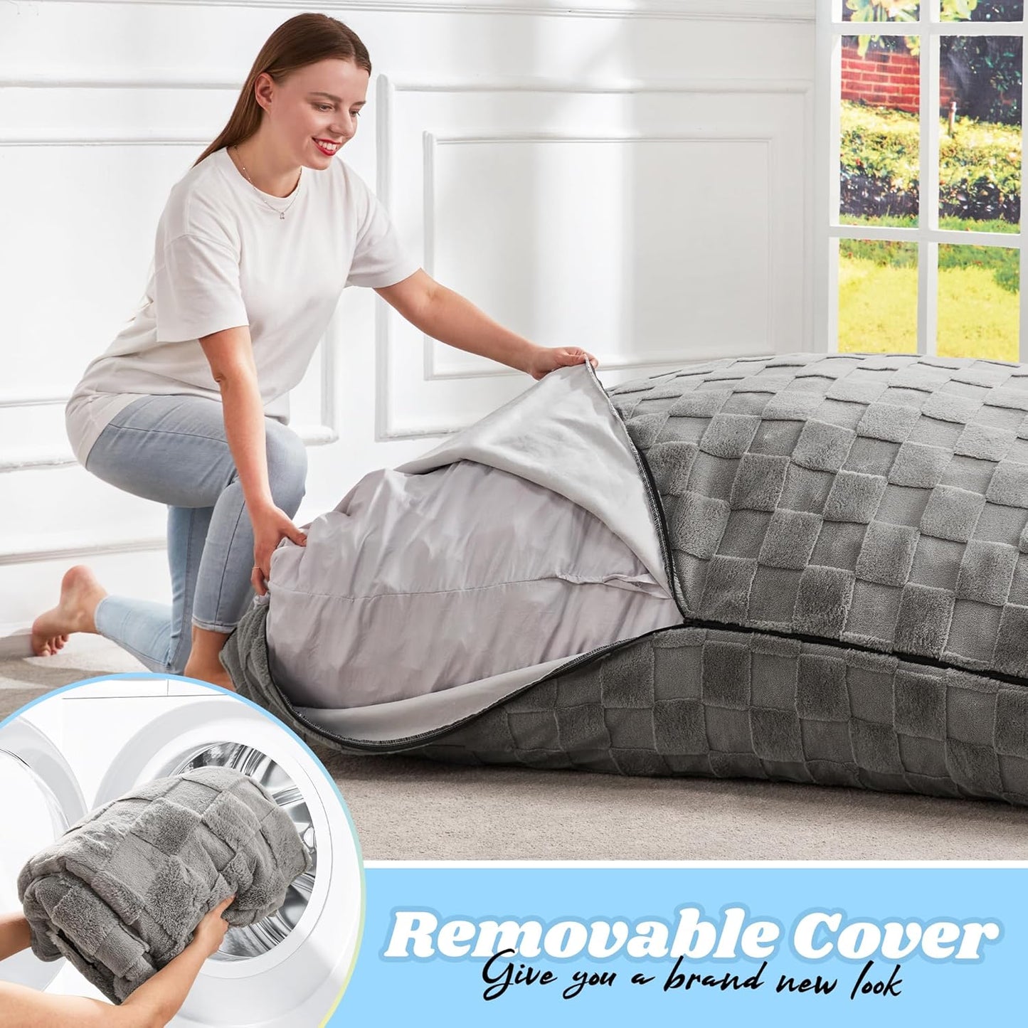 Hobestluk 3 in 1 Bean Bag Chair Giant Bean Bag Chairs for Adults with Plaid Cover Convertible Bean Bag Floor Cushion with Machine Washable Cover for Living Room (Plaid Grey)