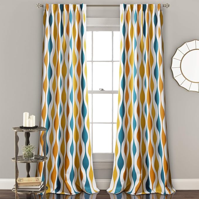 Lush Decor Mid Century Geo Light Filtering Window Curtain Panel Pair, 95" Long x 52" Wide, Turquoise & Orange