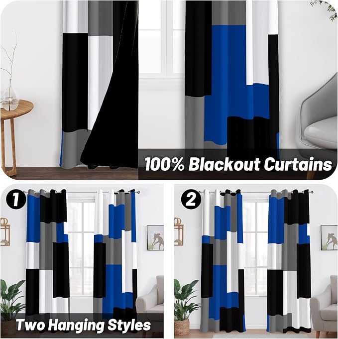 Tyrot Royal Blue 100% Blackout Curtains for Bedroom 72 inch Length 2 Panels Set White Grey Modern Abstract Geometric Black Out Curtains Insulated Room Darkening Window Drapes for Living Room, 52Wx72L