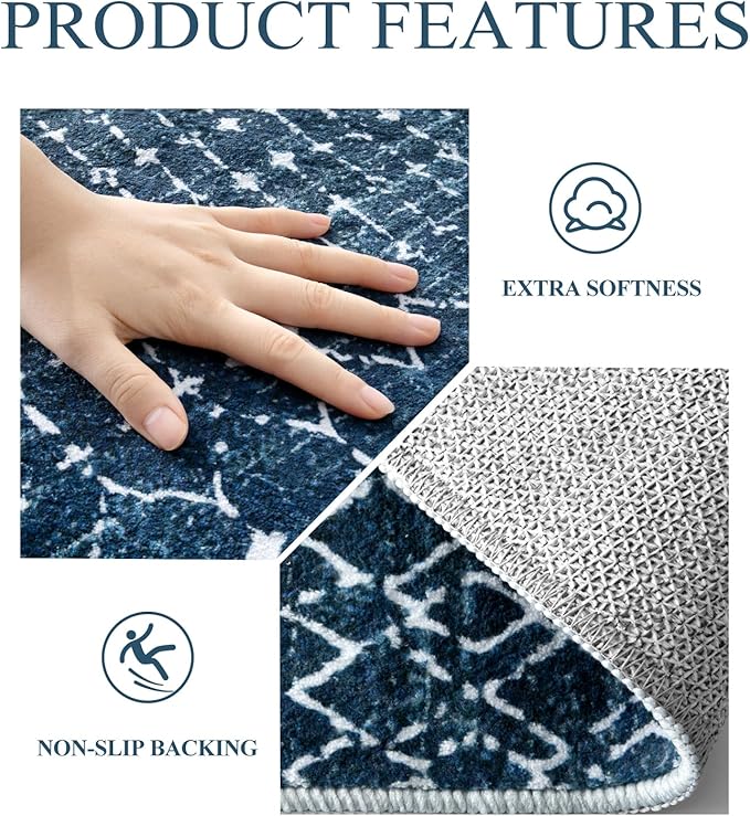Lahome Moroccan 2x5 Washable Blue Runner Rug, Non-Slip Low-Pile Stain Resistant Kitchen Rugs, Geometric Soft Bathroom Runner Carpet for Entrance Bedroom Laundry Hana, Blue