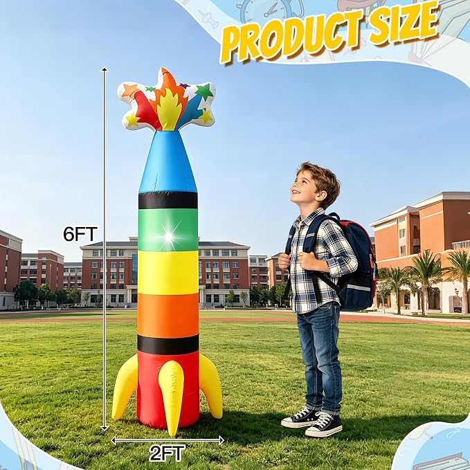 6FT Back to School Inflatable Crayon Rocket Outdoor Decorations, Colorful Blow Up Rocket Crayon Built-in LED Light for Space Party Decor, First Day of School Classroom Yard Garden Photo Props