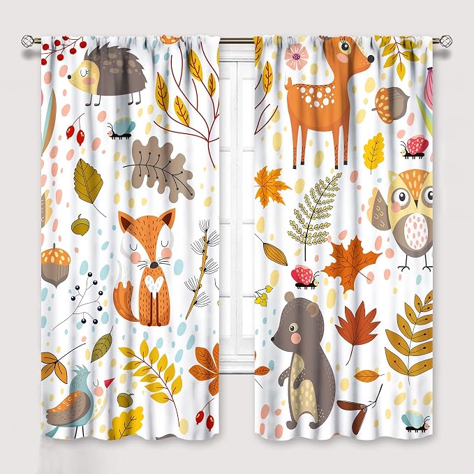 Kids Boys Girls Curtains, Jungle Animal Autumn Forest Cartoon Deer Rabbit Fox Owl Print Pattern Window Drapes for Nursery Baby Bedroom Playroom Living Room 2 Panel Sets,72x63 Inch