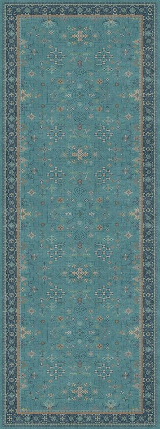 Washable 3x8 Throw Rug for Hallway - Teal Green Rugs for Entryway Indoor, Bedroom Bedside, Mudroom, Boho Eclectic Modern Décor, Non Slip Low Pile Fade Resistant