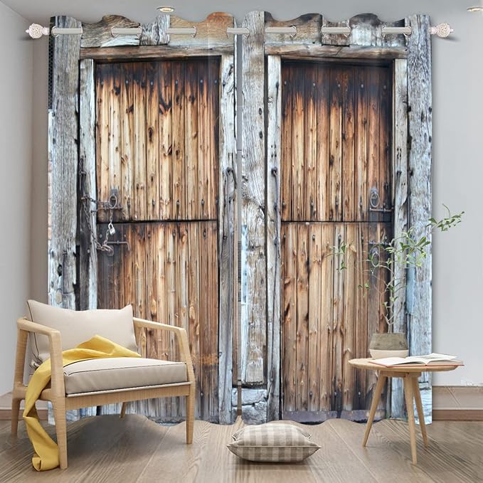 Rustic Barn Door Window Curtains Vintage Dilapidated Wooden Door Window Curtains Window Drapes for Living Room Bedroom Rural Farmhouse Farm Kitchen Window Treatment,21x63 inch,2 Panels