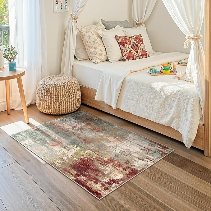 RELEANY Washable Area Rugs 3'x5' Non-Slip Modern Abstract Soft for Living Room Entryway Bedroom Kitchen, Print Pattern, Brown Rust Red Green Blue Multi