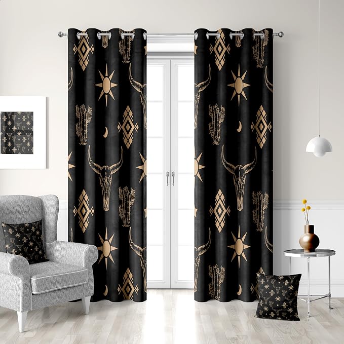 Western Cow Skull Curtains, Black Gold West Aztec Blackout Curtains Room Darkening Grommets Western Drapes, Window Curtains for Living Room Bedroom Decor 2 Panels 52x84 Inch