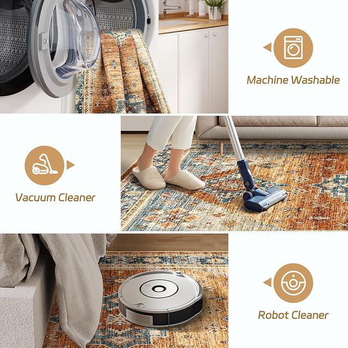 Roxstand Washable Rugs 8x10, Ultra-Thin Non-Slip 8x10 Area Rugs for Living Room, Soft Vintage Large Area Rug, Foldable Farmhouse Bedroom, Dining Room Rug (Navy/Orange, 8'x10')