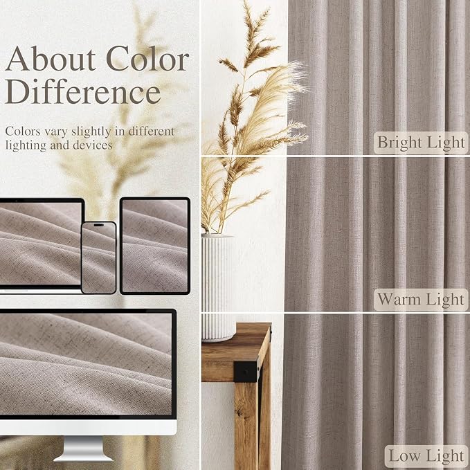 Nanspring Brownish Grey Linen Curtains for Living Room 95 Inches Long Back Tab Light Filtering Semi Sheer Curtain Modern Farmhouse Decor for Bedroom Office Luxury Textured Drapes 52x95, 2 Panels
