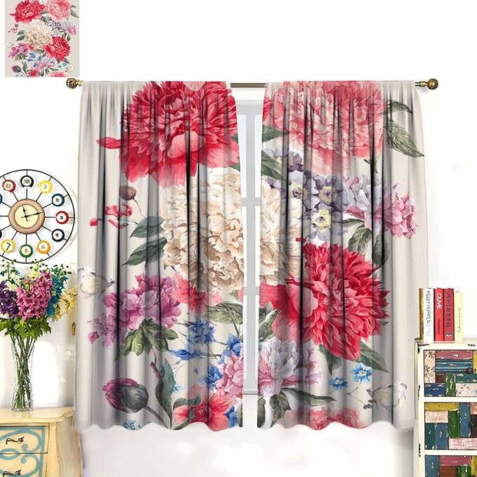 Floral Decor Window Curtain Vintage Bouquet of Peony Wild Flowers Nature Botanical Leaf for Home Kitchen Livingroom Coffee Room Window Drapes 2Panel 41" W X 62" L