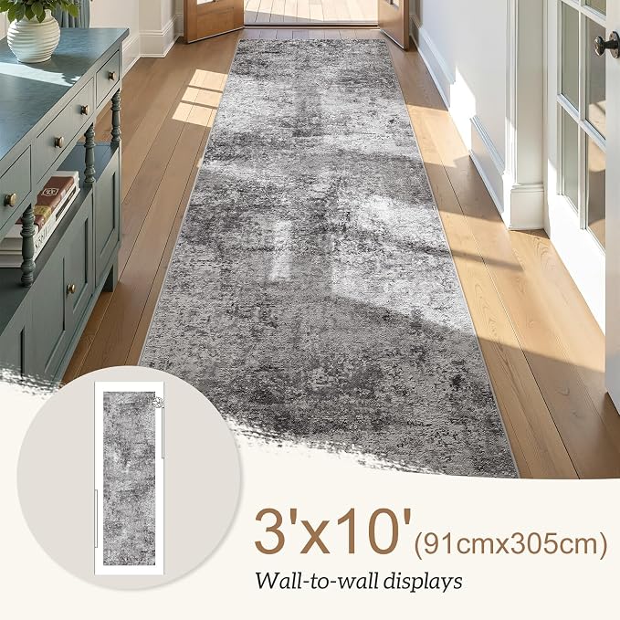 DMOYEST 3x10 Washable Runner Rug for Hallway: Soft Neutral Modern Abstract Low Pile Rug Indoor - Carpet for Bedroom Dining Room Kitchen Entryway - Grey