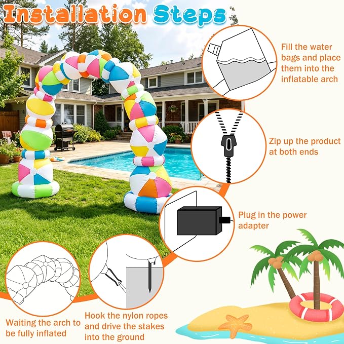 8 FT Inflatable Beach Ball Arch, Summer Inflatable Outdoor Decorations, Blow Up Beach Ball Archway with Built-in 8 LED Lights for Pool Beach Luau Party Yard Garden Photos Backdrop