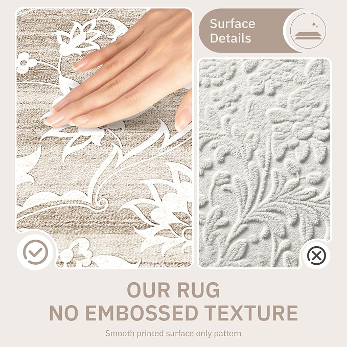 Soalmost 6x9 Area Rugs for Living Room, Washable Neutral Rug Light Brown | Vintage Floral Soft Stain Resistant Non-Slip Low Pile Thin Carpet for Dining Room Bedroom Kitchen Home Office Nursery 6'x9'