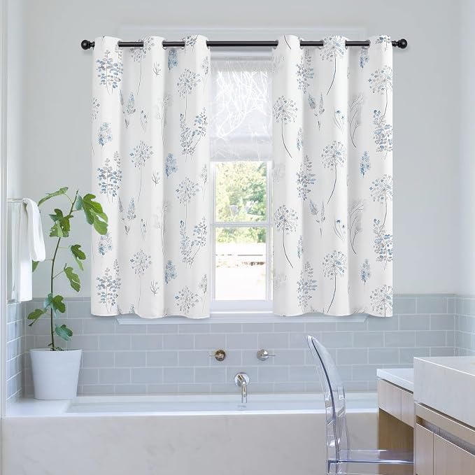 XTMYI Light Blue Curtains 45 Inch Length for Bathroom Small Window,Print Watercolor Serene Relaxing 80% Blackout Short Curtains for Bedroom Door Windows,Blue and Grey
