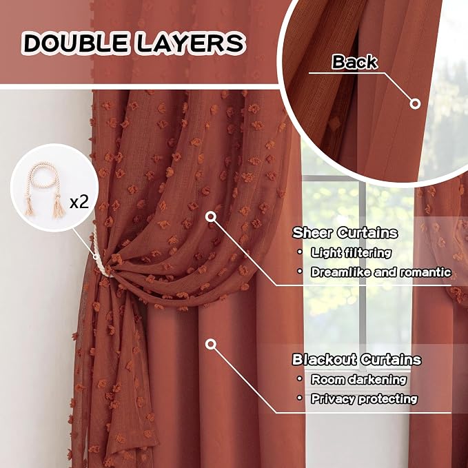 MYSKY HOME Terracotta Blackout Curtains for Living Room 90 Inches Long Boho Curtains Double Layer Brick Red Pom Pom Sheer Overlay for Toddler Grommet Privacy Protect Window Drapes 52" x 90", 2 Panels