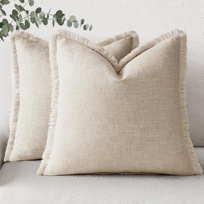 decorUhome Linen Fringe Throw Pillow Covers Set of 2 Decorative Natural Beige Pillow Covers with Tassels Soft Accent Boho Farmhouse Pillow Cases for Couch Bed Sofa 18x18 Inch
