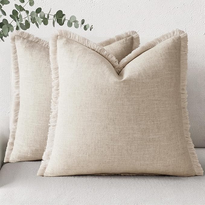 decorUhome Linen Fringe Euro Sham Throw Pillow Covers Set of 2 Decorative Natural Beige Pillow Covers with Tassels Soft Accent Boho Farmhouse Pillow Cases for Couch Bed Sofa 22x22 Inch