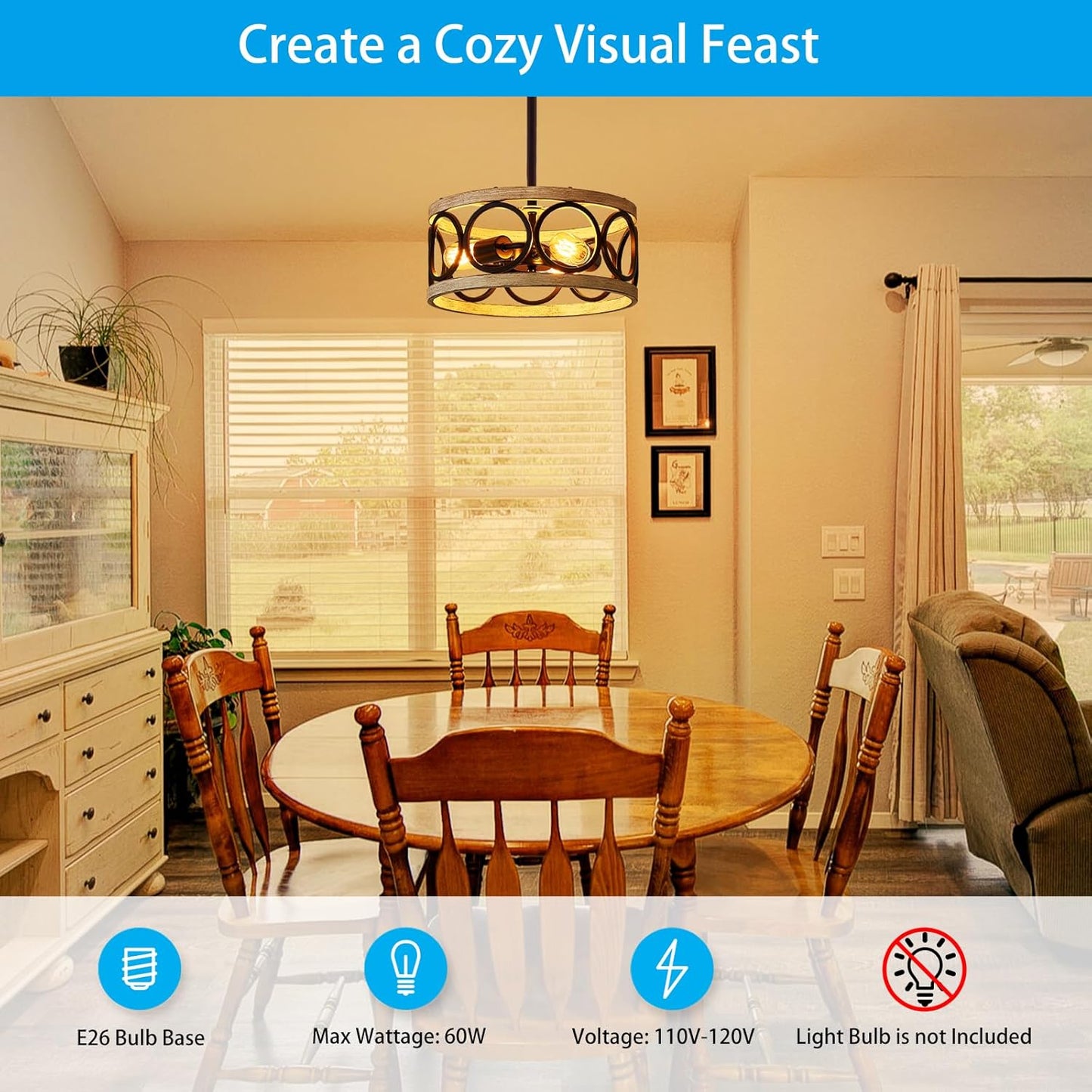 XINGQI White Chandelier 3-Light Modern Ceiling Light Rustic Wood Grain Adjustable Height Pendant Lighting Fixture 13" Round Metal Lamp for Dining Room Kitchen Bedroom Foyer Hallway