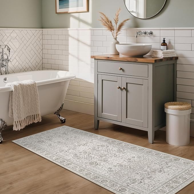 Bavni 2x7 Rug Runners for Hallways, Washable Runner Rug Non Slip,Vintage Floral Print Style Rugs for Bedroom-Lightweight Low Pile Carpet for Hallways Bathroom, Light Grey