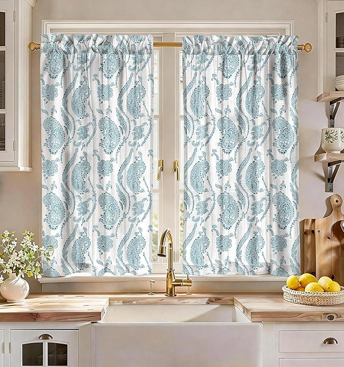 Miss Adola Farmhouse Kitchen Tier Curtains - 45 Inch Length Linen Blend Floral Cafe Curtains Blue Small Window Treatments Over Sink Rod Pocket for Bathroom Living Room Light Filtering, 2 Panels
